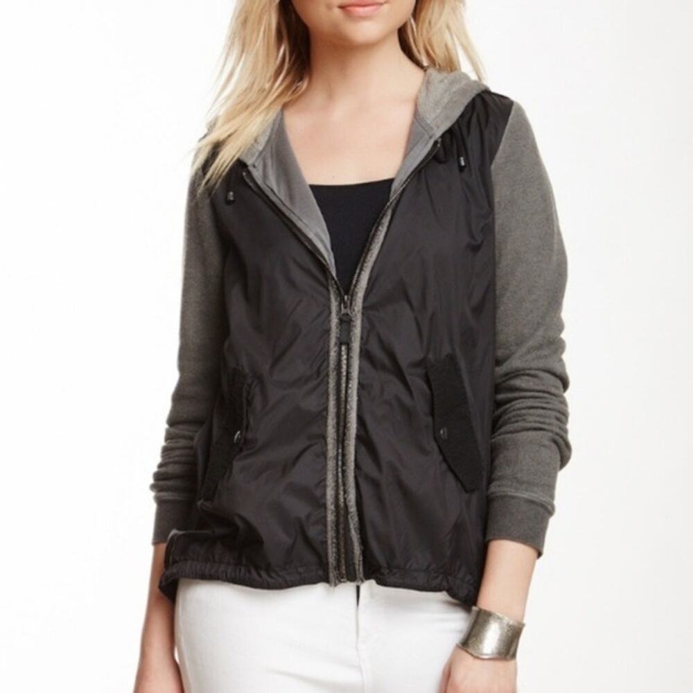 Free People Mixed Media Hooded Black and Grey Zip Up Windbreaker Jacket